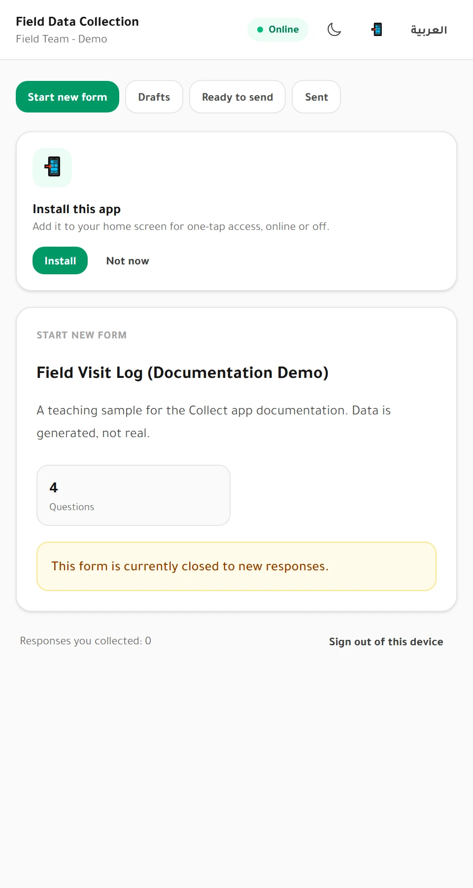 The Collect app after linking, showing its four tabs