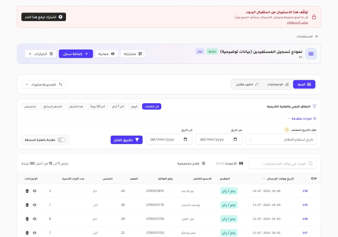 لوحة النطاق الزمني والفلترة التاريخية موسّعة